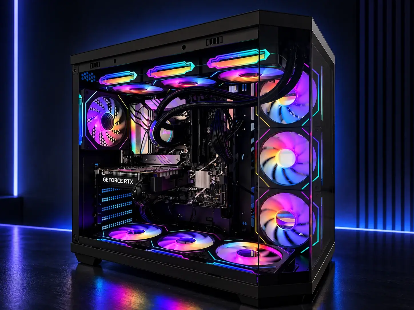 PC client remis en service après remplacement de la carte mère défaillante — boîtier, GPU, RAM et stockage d'origine conservés.