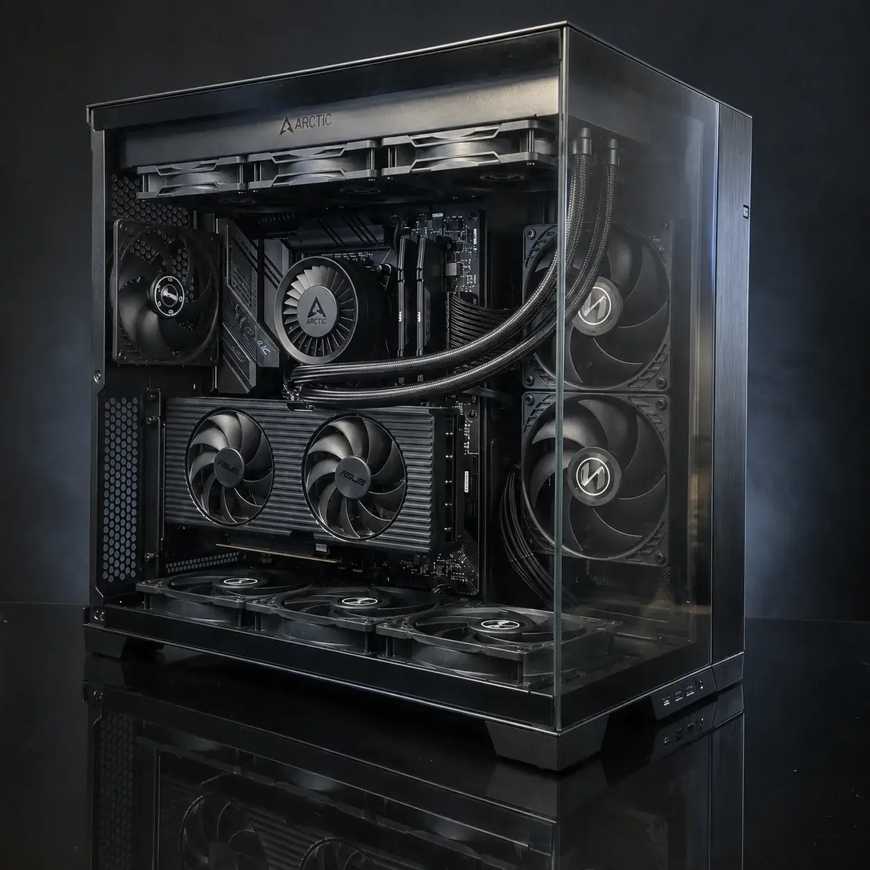 Migration plateforme AM5 dans un Lian-Li O11 Dynamic Mini V2 Flow, refroidissement Arctic Liquid Freezer III Pro 420, GPU et stockage client conservés.